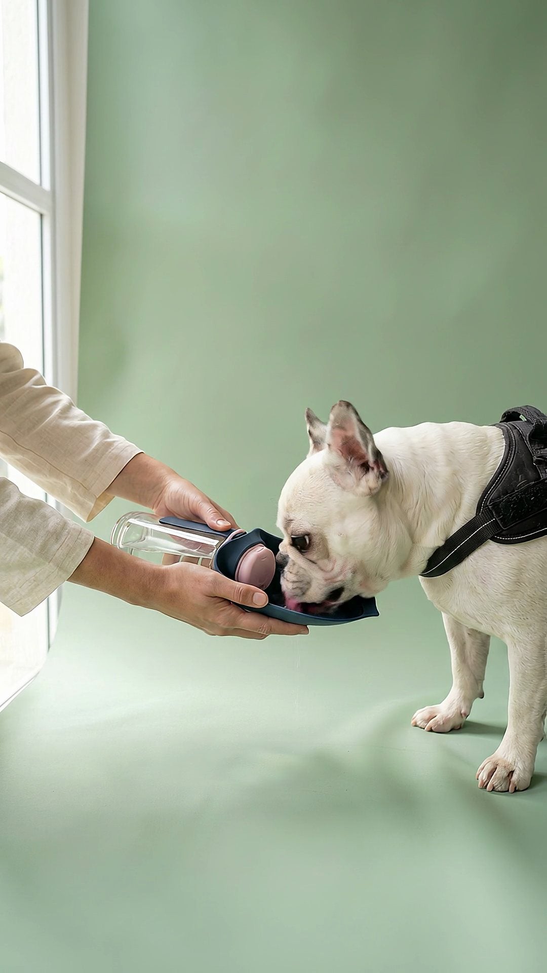Buldogue bebendo água na folha da garrafa Ca'Meu, segurada na horizontal