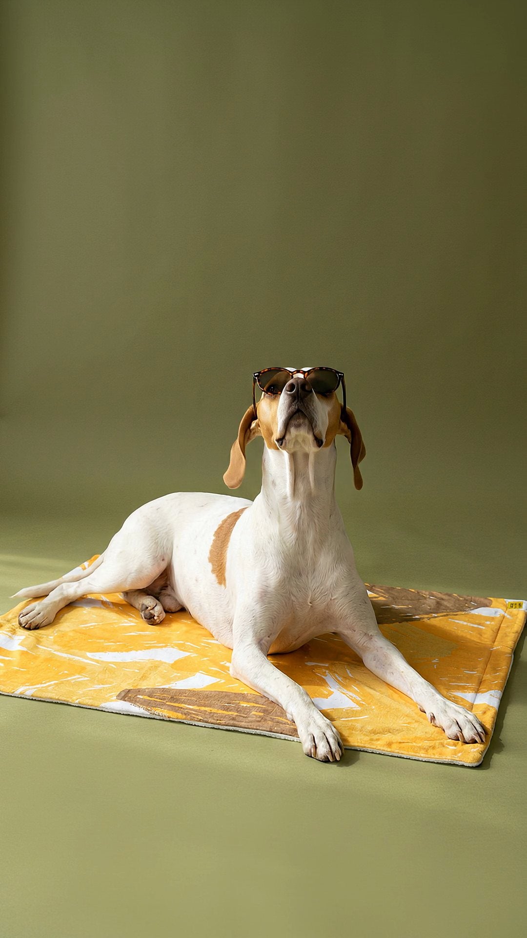 Cachorro de óculos escuros deitado na mantinha amarela Ca'Meu